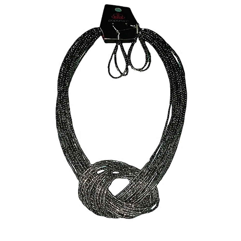 Chrome seed bead knot necklace with matching earrings